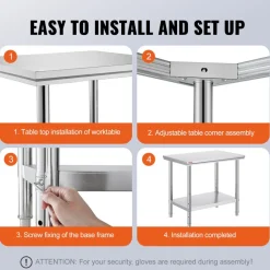 VEVOR Stainless Steel Prep Table, 900x600x800 mm, 700 lbs Load Capacity, Heavy Duty Metal Worktable with 3 Adjustable Height Levels, Commercial Workstation for Kitchen Garage Restaurant Backyard