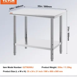 VEVOR Stainless Steel Prep Table, 900x600x800 mm, 700 lbs Load Capacity, Heavy Duty Metal Worktable with 3 Adjustable Height Levels, Commercial Workstation for Kitchen Garage Restaurant Backyard
