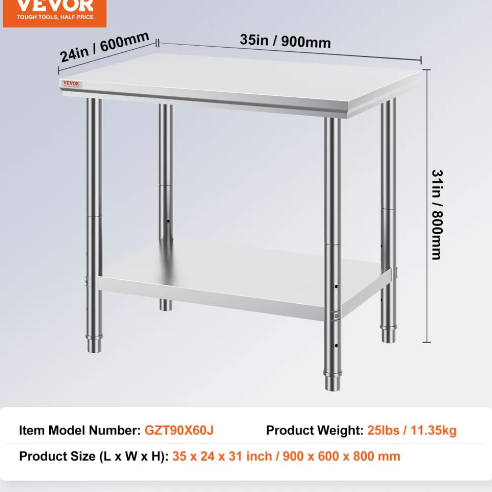 VEVOR Stainless Steel Prep Table, 900x600x800 mm, 700 lbs Load Capacity, Heavy Duty Metal Worktable with 3 Adjustable Height Levels, Commercial Workstation for Kitchen Garage Restaurant Backyard