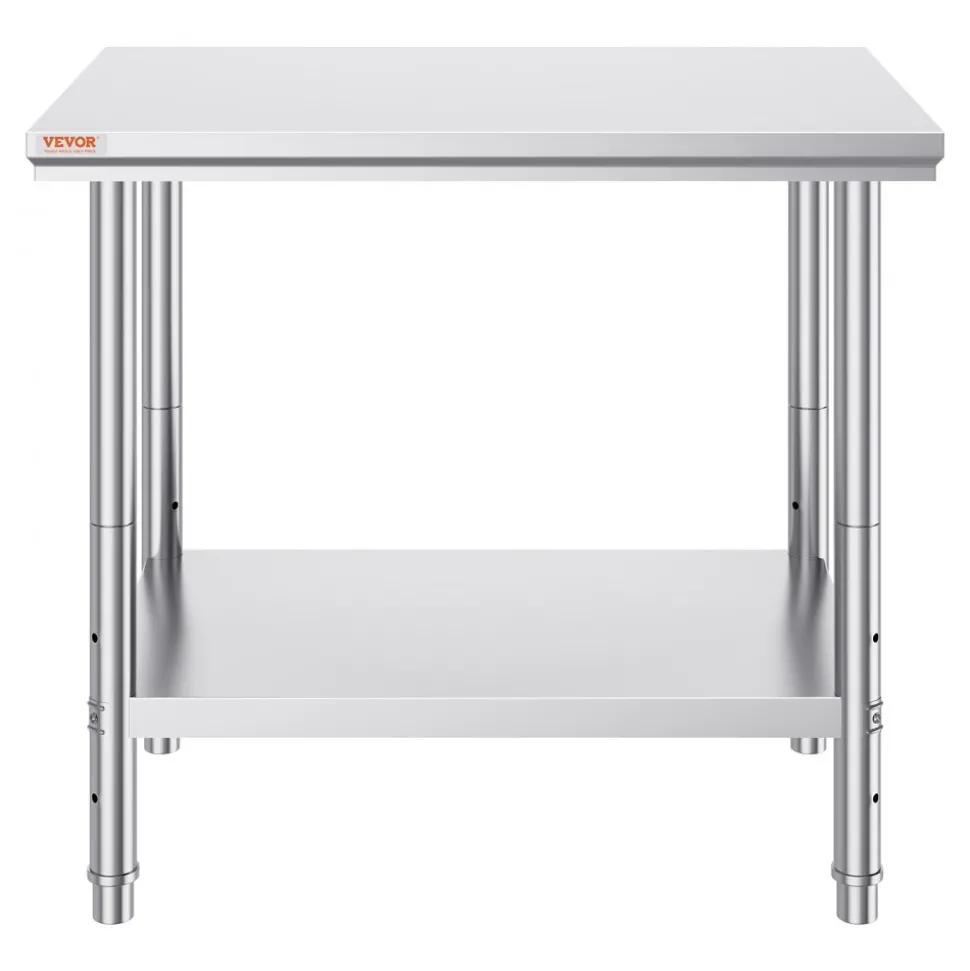 VEVOR Stainless Steel Prep Table, 900x600x800 mm, 700 lbs Load Capacity, Heavy Duty Metal Worktable with 3 Adjustable Height Levels, Commercial Workstation for Kitchen Garage Restaurant Backyard