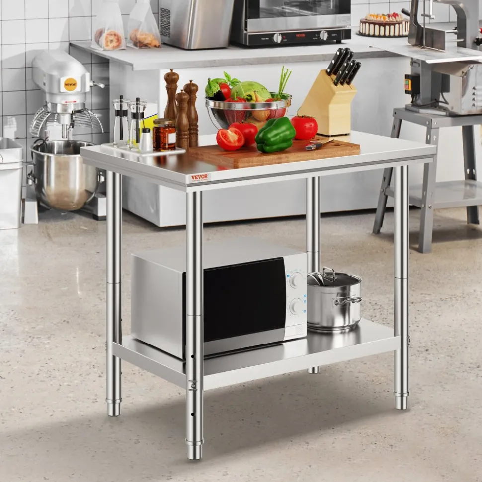 VEVOR Stainless Steel Prep Table, 900x600x800 mm, 700 lbs Load Capacity, Heavy Duty Metal Worktable with 3 Adjustable Height Levels, Commercial Workstation for Kitchen Garage Restaurant Backyard
