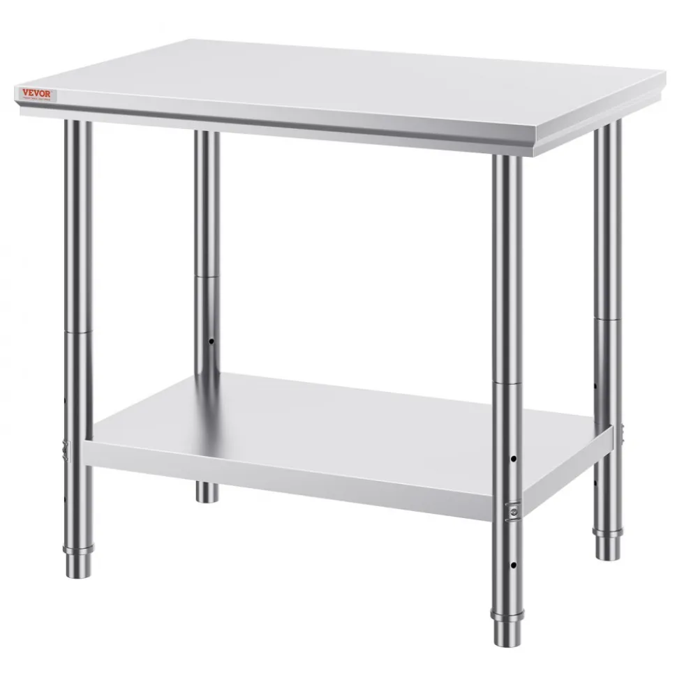 VEVOR Stainless Steel Prep Table, 900x600x800 mm, 700 lbs Load Capacity, Heavy Duty Metal Worktable with 3 Adjustable Height Levels, Commercial Workstation for Kitchen Garage Restaurant Backyard