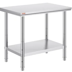 VEVOR Stainless Steel Prep Table, 900x600x800 mm, 700 lbs Load Capacity, Heavy Duty Metal Worktable with 3 Adjustable Height Levels, Commercial Workstation for Kitchen Garage Restaurant Backyard