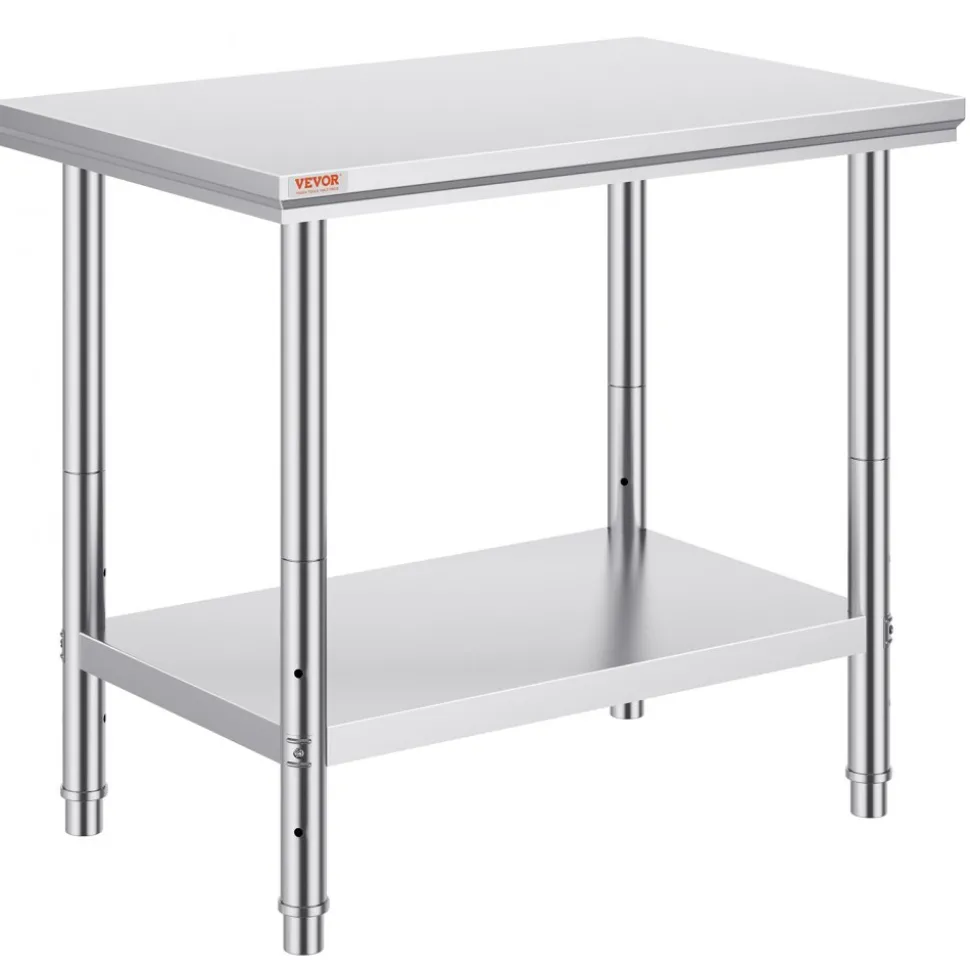 VEVOR Stainless Steel Prep Table, 900x600x800 mm, 700 lbs Load Capacity, Heavy Duty Metal Worktable with 3 Adjustable Height Levels, Commercial Workstation for Kitchen Garage Restaurant Backyard