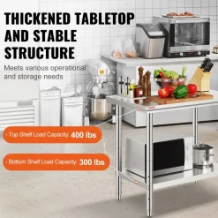 VEVOR Stainless Steel Prep Table, 900x600x800 mm, 700 lbs Load Capacity, Heavy Duty Metal Worktable with 3 Adjustable Height Levels, Commercial Workstation for Kitchen Garage Restaurant Backyard