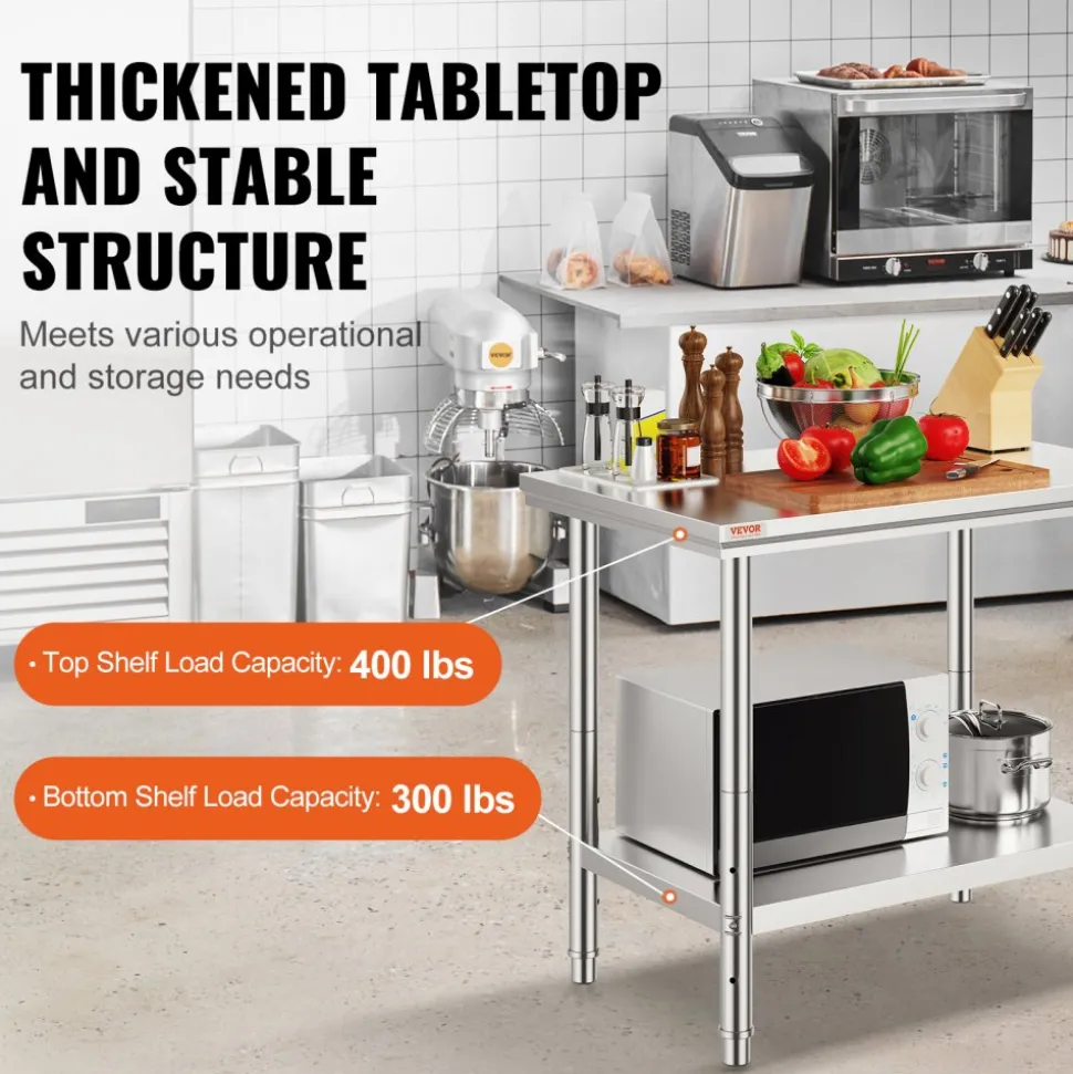 VEVOR Stainless Steel Prep Table, 900x600x800 mm, 700 lbs Load Capacity, Heavy Duty Metal Worktable with 3 Adjustable Height Levels, Commercial Workstation for Kitchen Garage Restaurant Backyard