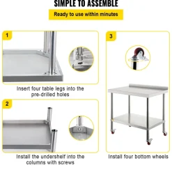 VEVOR Stainless Steel Prep Table, 30 x 24 x 35 Inch, 440lbs Load Capacity Heavy Duty Metal Worktable with Backsplash Adjustable Undershelf & 4 Casters, Commercial Workstation for Kitchen Restaurant