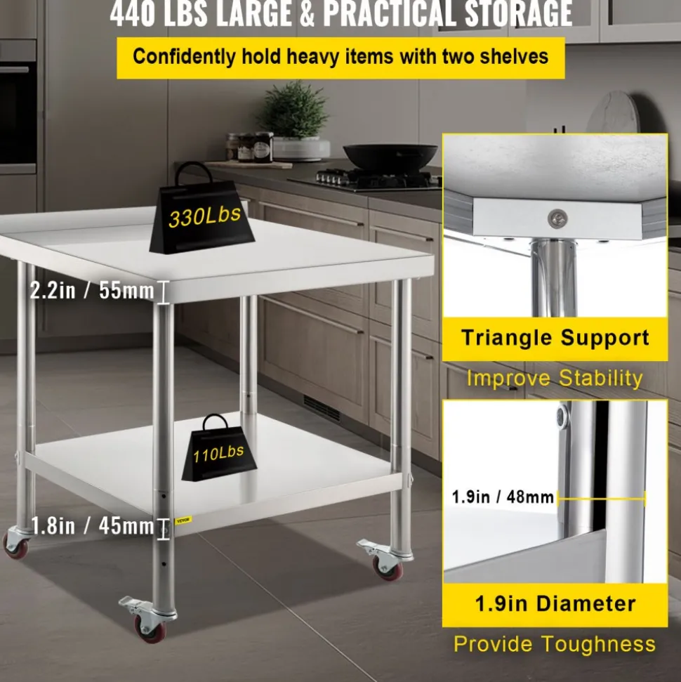 VEVOR Stainless Steel Prep Table, 30 x 24 x 35 Inch, 440lbs Load Capacity Heavy Duty Metal Worktable with Backsplash Adjustable Undershelf & 4 Casters, Commercial Workstation for Kitchen Restaurant