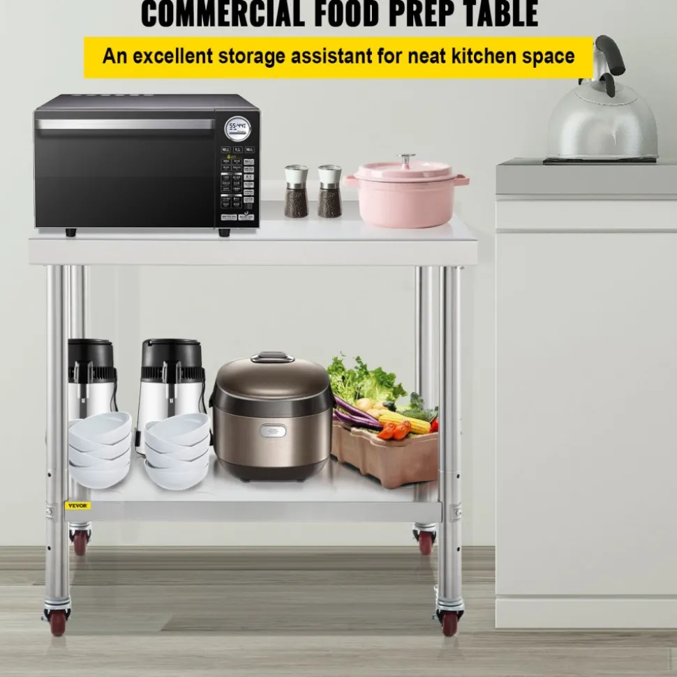 VEVOR Stainless Steel Prep Table, 30 x 24 x 35 Inch, 440lbs Load Capacity Heavy Duty Metal Worktable with Backsplash Adjustable Undershelf & 4 Casters, Commercial Workstation for Kitchen Restaurant
