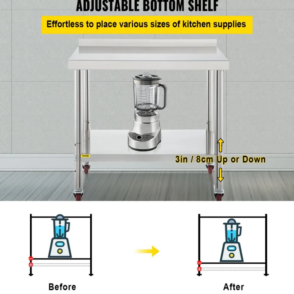VEVOR Stainless Steel Prep Table, 30 x 24 x 35 Inch, 440lbs Load Capacity Heavy Duty Metal Worktable with Backsplash Adjustable Undershelf & 4 Casters, Commercial Workstation for Kitchen Restaurant