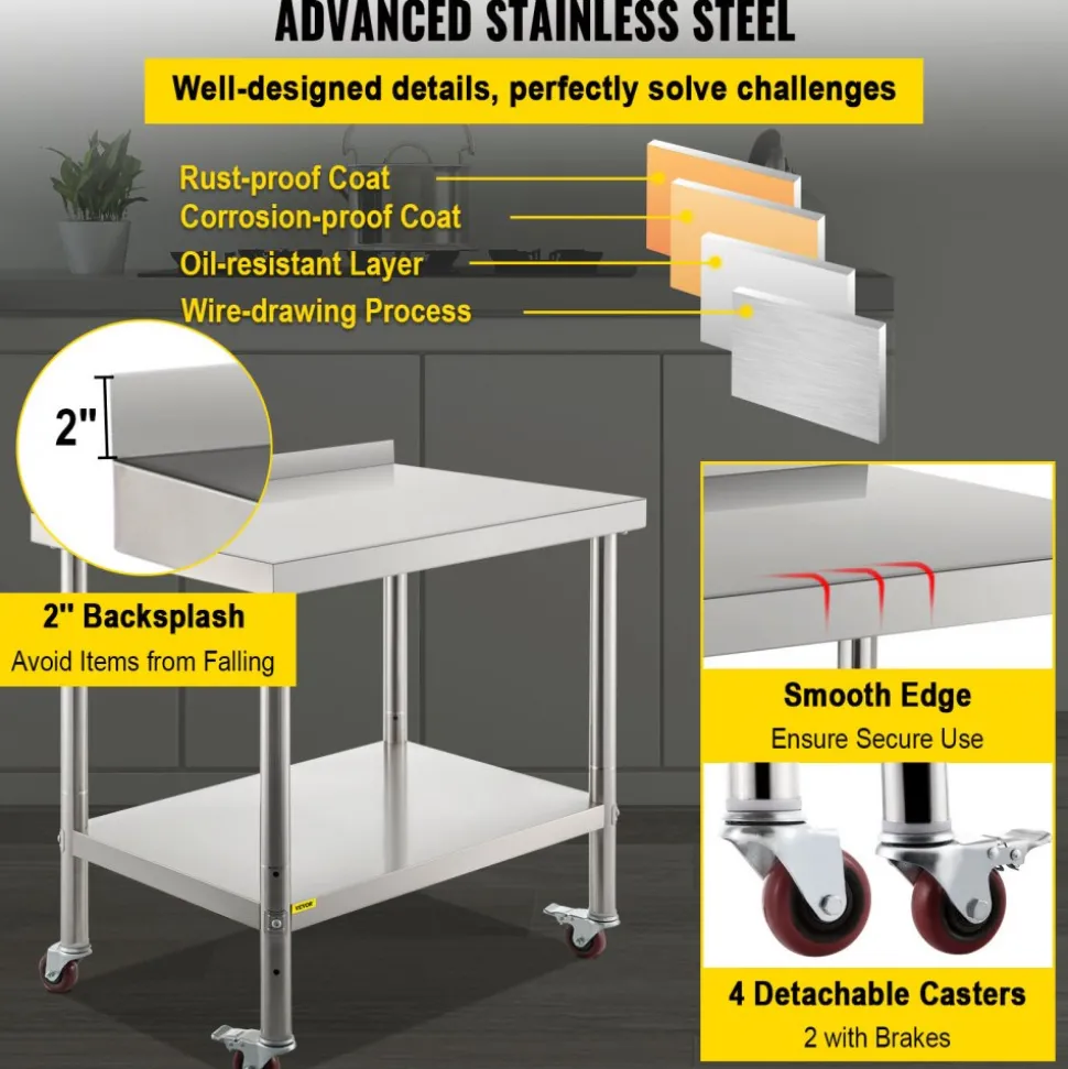 VEVOR Stainless Steel Prep Table, 30 x 24 x 35 Inch, 440lbs Load Capacity Heavy Duty Metal Worktable with Backsplash Adjustable Undershelf & 4 Casters, Commercial Workstation for Kitchen Restaurant