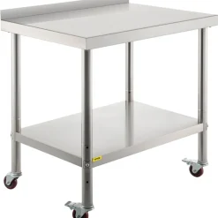 VEVOR Stainless Steel Prep Table, 30 x 24 x 35 Inch, 440lbs Load Capacity Heavy Duty Metal Worktable with Backsplash Adjustable Undershelf & 4 Casters, Commercial Workstation for Kitchen Restaurant