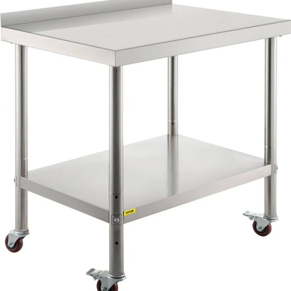 VEVOR Stainless Steel Prep Table, 30 x 24 x 35 Inch, 440lbs Load Capacity Heavy Duty Metal Worktable with Backsplash Adjustable Undershelf & 4 Casters, Commercial Workstation for Kitchen Restaurant