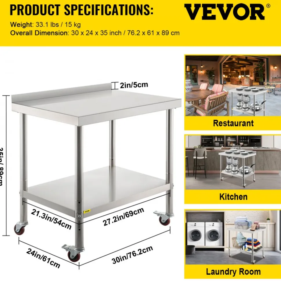 VEVOR Stainless Steel Prep Table, 30 x 24 x 35 Inch, 440lbs Load Capacity Heavy Duty Metal Worktable with Backsplash Adjustable Undershelf & 4 Casters, Commercial Workstation for Kitchen Restaurant