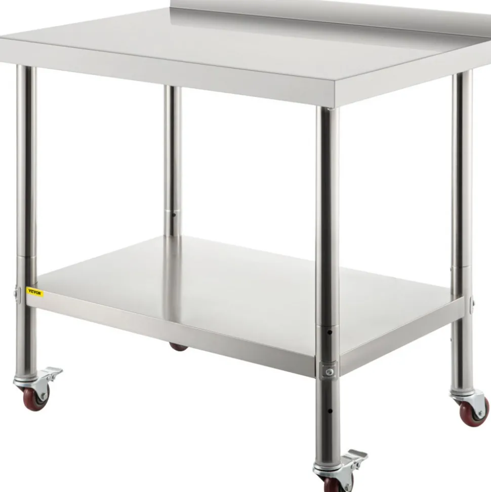 VEVOR Stainless Steel Prep Table, 30 x 24 x 35 Inch, 440lbs Load Capacity Heavy Duty Metal Worktable with Backsplash Adjustable Undershelf & 4 Casters, Commercial Workstation for Kitchen Restaurant