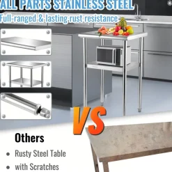 VEVOR Stainless Steel Prep Table, 24 x 18 x 36 Inch, 600lbs Load Capacity Heavy Duty Metal Worktable with Adjustable Undershelf & Feet, Commercial Workstation for Kitchen Restaurant Garage Backyard