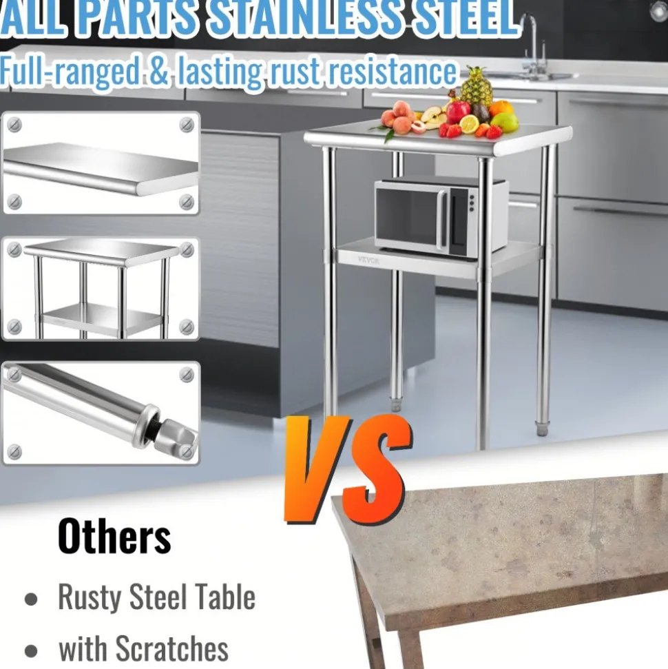 VEVOR Stainless Steel Prep Table, 24 x 18 x 36 Inch, 600lbs Load Capacity Heavy Duty Metal Worktable with Adjustable Undershelf & Feet, Commercial Workstation for Kitchen Restaurant Garage Backyard