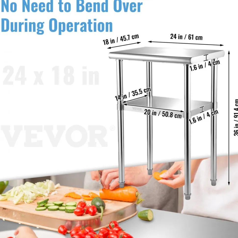 VEVOR Stainless Steel Prep Table, 24 x 18 x 36 Inch, 600lbs Load Capacity Heavy Duty Metal Worktable with Adjustable Undershelf & Feet, Commercial Workstation for Kitchen Restaurant Garage Backyard