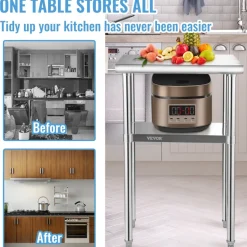 VEVOR Stainless Steel Prep Table, 24 x 18 x 36 Inch, 600lbs Load Capacity Heavy Duty Metal Worktable with Adjustable Undershelf & Feet, Commercial Workstation for Kitchen Restaurant Garage Backyard