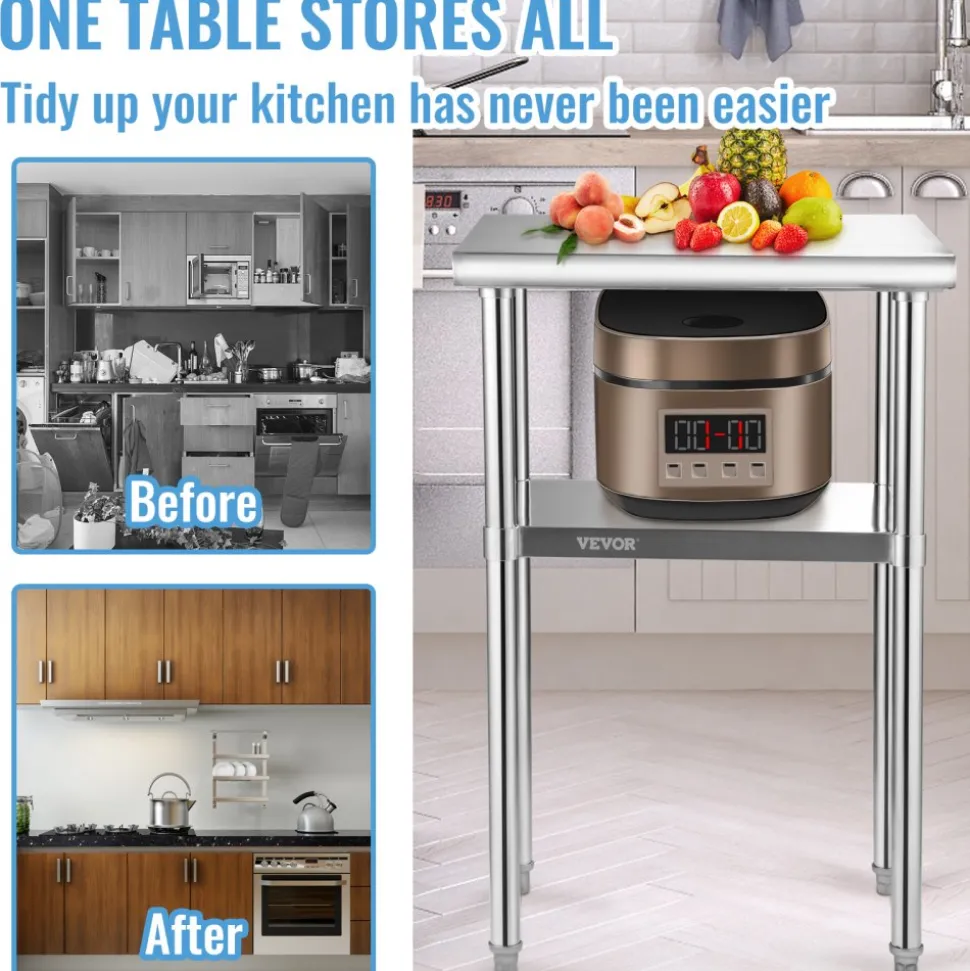 VEVOR Stainless Steel Prep Table, 24 x 18 x 36 Inch, 600lbs Load Capacity Heavy Duty Metal Worktable with Adjustable Undershelf & Feet, Commercial Workstation for Kitchen Restaurant Garage Backyard