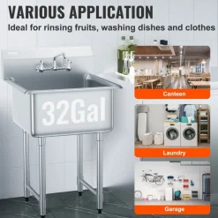 VEVOR Stainless Steel Prep & Utility Sink, 1 Compartment Free Standing Small Sink Include Faucet & legs, 27"x41" Commercial Single Bowl Sinks for Garage, Restaurant, Kitchen, Laundry