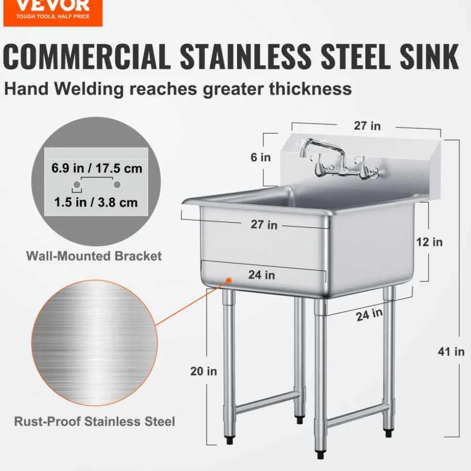 VEVOR Stainless Steel Prep & Utility Sink, 1 Compartment Free Standing Small Sink Include Faucet & legs, 27"x41" Commercial Single Bowl Sinks for Garage, Restaurant, Kitchen, Laundry
