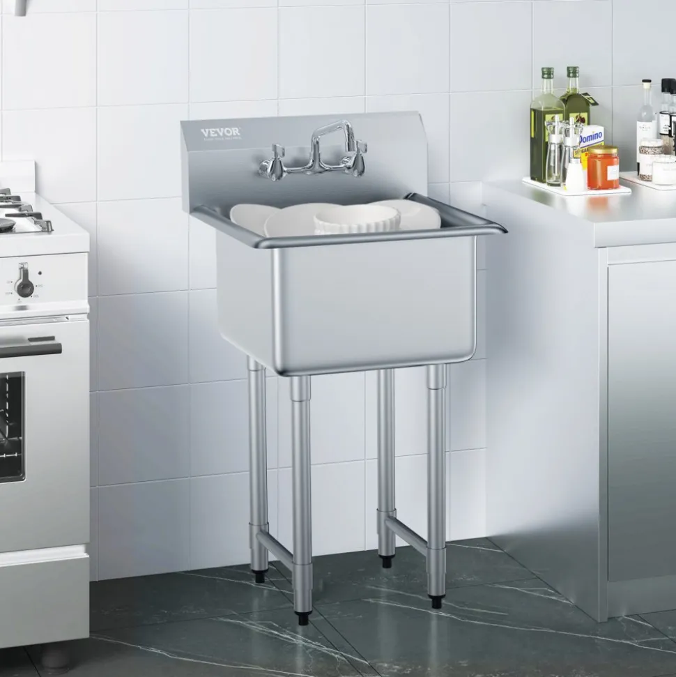 VEVOR Stainless Steel Prep & Utility Sink, 1 Compartment Free Standing Small Sink Include Faucet & legs, 21"x41" Commercial Single Bowl Sinks for Garage, Restaurant, Kitchen, Laundry