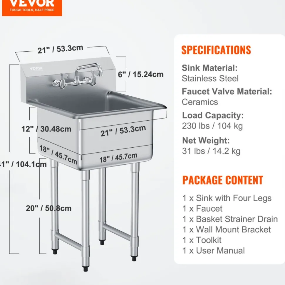 VEVOR Stainless Steel Prep & Utility Sink, 1 Compartment Free Standing Small Sink Include Faucet & legs, 21"x41" Commercial Single Bowl Sinks for Garage, Restaurant, Kitchen, Laundry