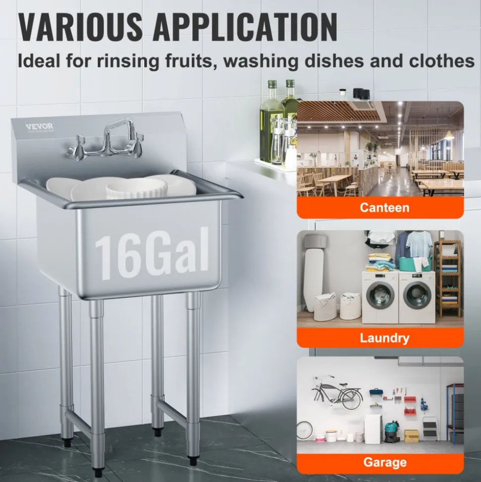 VEVOR Stainless Steel Prep & Utility Sink, 1 Compartment Free Standing Small Sink Include Faucet & legs, 21"x41" Commercial Single Bowl Sinks for Garage, Restaurant, Kitchen, Laundry