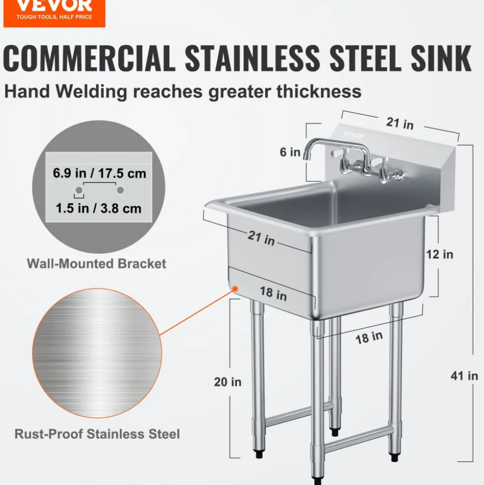 VEVOR Stainless Steel Prep & Utility Sink, 1 Compartment Free Standing Small Sink Include Faucet & legs, 21"x41" Commercial Single Bowl Sinks for Garage, Restaurant, Kitchen, Laundry