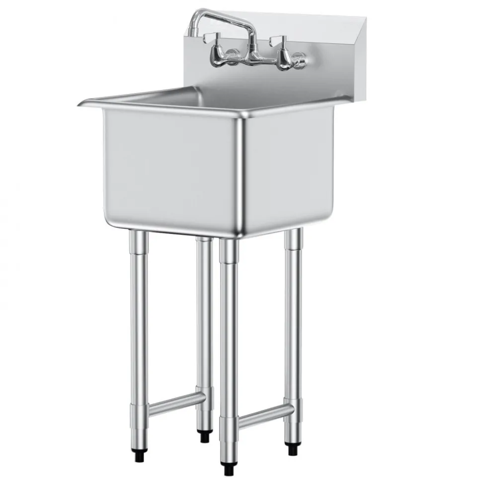 VEVOR Stainless Steel Prep & Utility Sink, 1 Compartment Free Standing Small Sink Include Faucet & legs, 18"x41" Commercial Single Bowl Sinks for Garage, Restaurant, Kitchen, Laundry