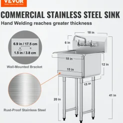 VEVOR Stainless Steel Prep & Utility Sink, 1 Compartment Free Standing Small Sink Include Faucet & legs, 18
