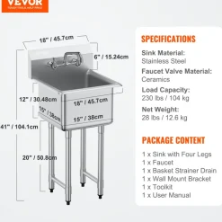 VEVOR Stainless Steel Prep & Utility Sink, 1 Compartment Free Standing Small Sink Include Faucet & legs, 18