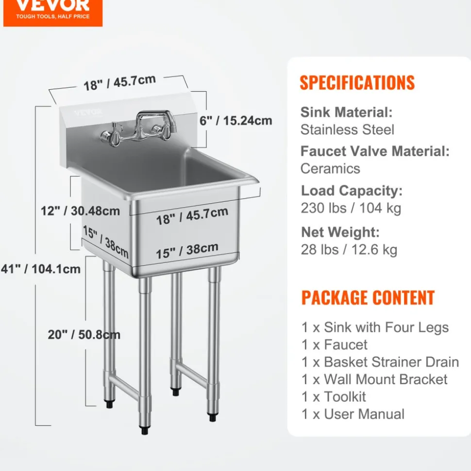 VEVOR Stainless Steel Prep & Utility Sink, 1 Compartment Free Standing Small Sink Include Faucet & legs, 18"x41" Commercial Single Bowl Sinks for Garage, Restaurant, Kitchen, Laundry