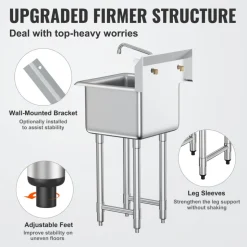 VEVOR Stainless Steel Prep & Utility Sink, 1 Compartment Free Standing Small Sink Include Faucet & legs, 18