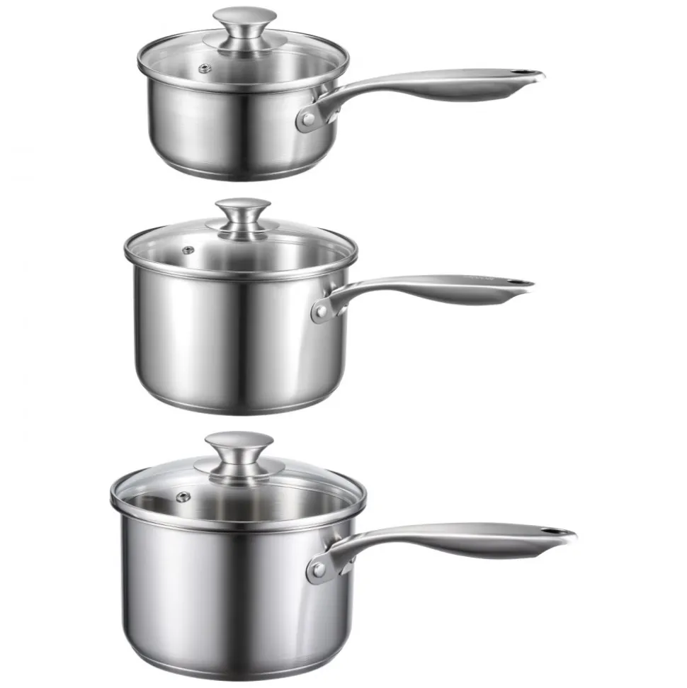 VEVOR Stainless Steel Saucepan Set, 1 QT & 2 QT & 3 QT Saucepans with Glass Lids, Multipurpose Nonstick Stainless Steel Sauce Pot with Ergonomic Handle, Friendly for Oven, Dishwasher, Induction Cooker