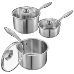 VEVOR Stainless Steel Saucepan Set, 1 QT & 2 QT & 3 QT Saucepans with Glass Lids, Multipurpose Nonstick Stainless Steel Sauce Pot with Ergonomic Handle, Friendly for Oven, Dishwasher, Induction Cooker