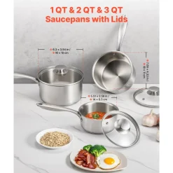 VEVOR Stainless Steel Saucepan Set, 1 QT & 2 QT & 3 QT Saucepans with Glass Lids, Multipurpose Nonstick Stainless Steel Sauce Pot with Ergonomic Handle, Friendly for Oven, Dishwasher, Induction Cooker