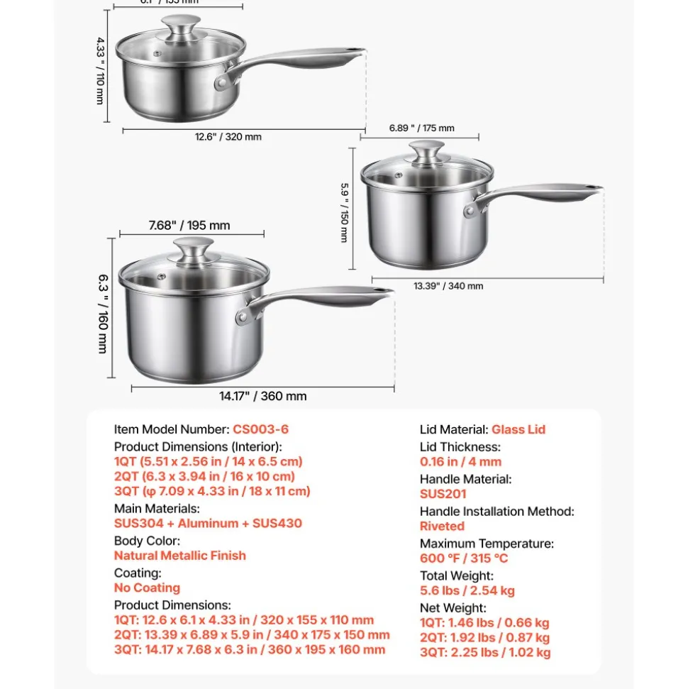 VEVOR Stainless Steel Saucepan Set, 1 QT & 2 QT & 3 QT Saucepans with Glass Lids, Multipurpose Nonstick Stainless Steel Sauce Pot with Ergonomic Handle, Friendly for Oven, Dishwasher, Induction Cooker