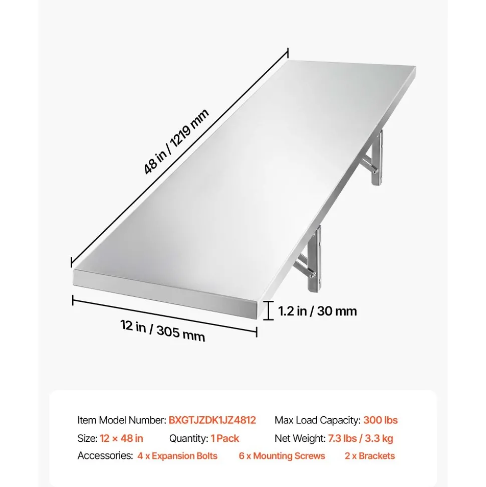 VEVOR Stainless Steel Shelf 12" x 48" Foldable Wall Mount Floating Shelf, Heavy-Duty Commercial Shelves with Brackets, 300LBS Capacity, Easy to Clean, Suitable for Restaurant, Home Kitchen, Garage