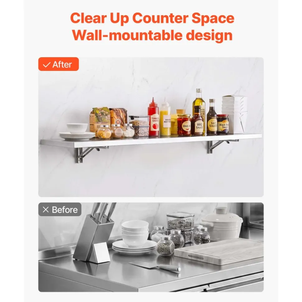 VEVOR Stainless Steel Shelf 12" x 72" Foldable Wall Mount Floating Shelf, Heavy-Duty Commercial Shelves with Brackets, 300LBS Capacity, Easy to Clean, Suitable for Restaurant, Home Kitchen, Garage