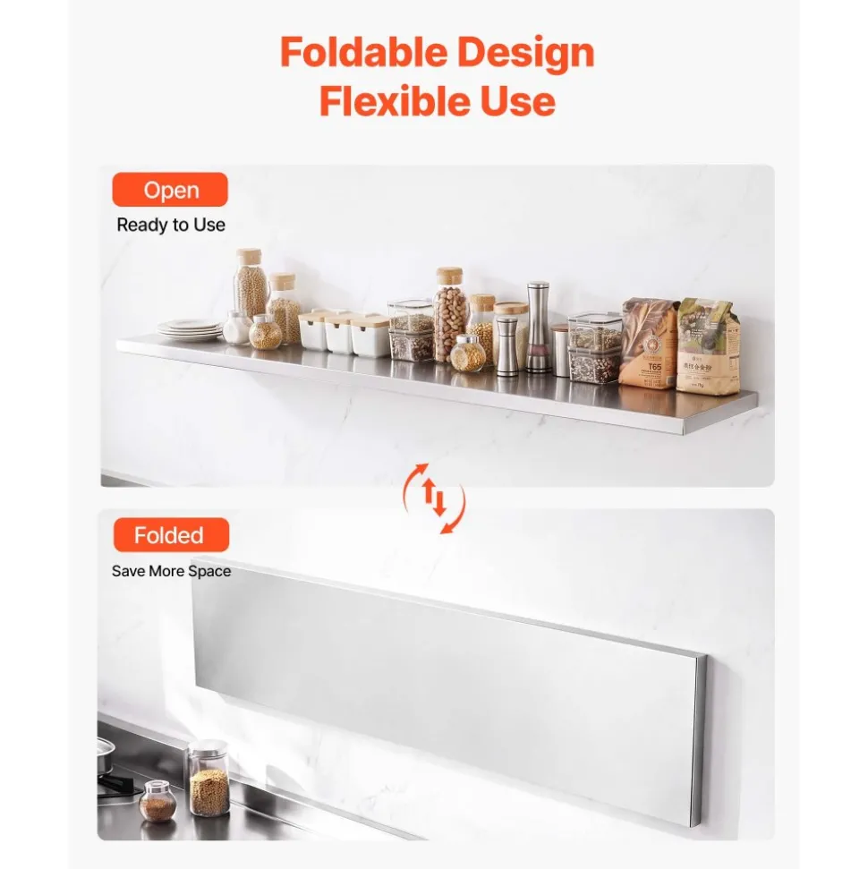 VEVOR Stainless Steel Shelf 12" x 72" Foldable Wall Mount Floating Shelf, Heavy-Duty Commercial Shelves with Brackets, 300LBS Capacity, Easy to Clean, Suitable for Restaurant, Home Kitchen, Garage