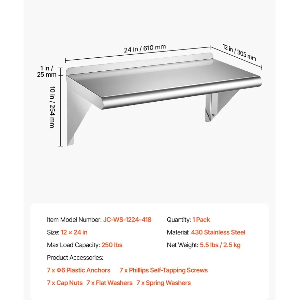 VEVOR Stainless Steel Shelf 12" x 24" Commercial Wall Mount Floating Shelf, Heavy-Duty Storage Rack with Brackets, 250LBS Strong Capacity, Easy to Clean, Suitable for Restaurant, Home Kitchen, Garage