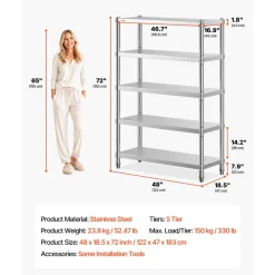 VEVOR Stainless Steel Shelves 48x18.5 Inch 5 Tier Adjustable Shelf Storage Unit Stainless Steel Rack Shelving Heavy Duty Shelving for Kitchen Commercial Office Garage Storage 330lb Per Shelf