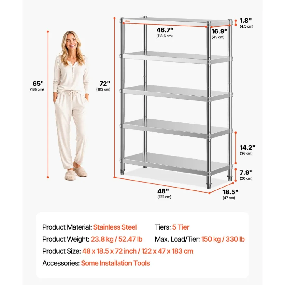 VEVOR Stainless Steel Shelves 48x18.5 Inch 5 Tier Adjustable Shelf Storage Unit Stainless Steel Rack Shelving Heavy Duty Shelving for Kitchen Commercial Office Garage Storage 330lb Per Shelf
