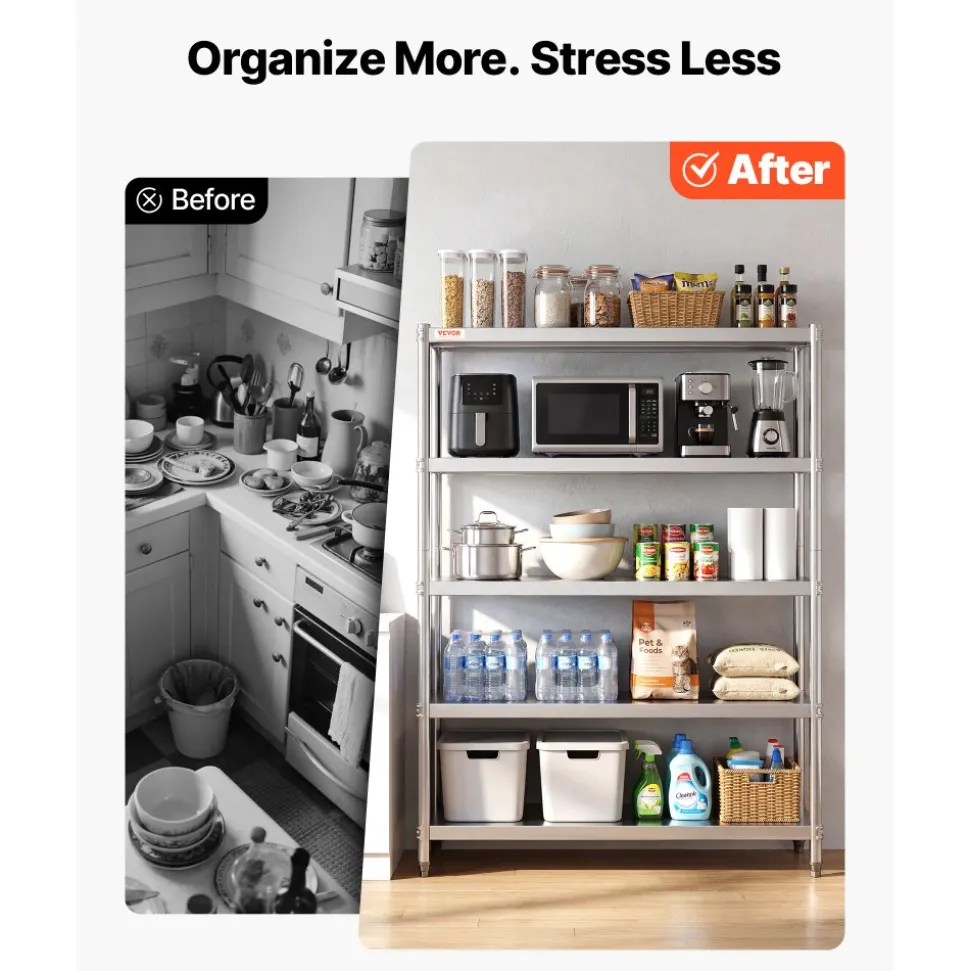 VEVOR Stainless Steel Shelves 48x18.5 Inch 5 Tier Adjustable Shelf Storage Unit Stainless Steel Rack Shelving Heavy Duty Shelving for Kitchen Commercial Office Garage Storage 330lb Per Shelf