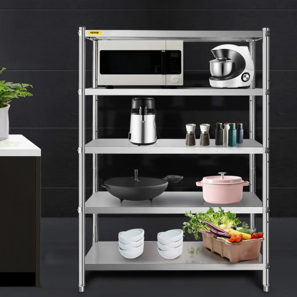 VEVOR Stainless Steel Shelves 48x18.5 Inch 5 Tier Adjustable Shelf Storage Unit Stainless Steel Rack Shelving Heavy Duty Shelving for Kitchen Commercial Office Garage Storage 330lb Per Shelf