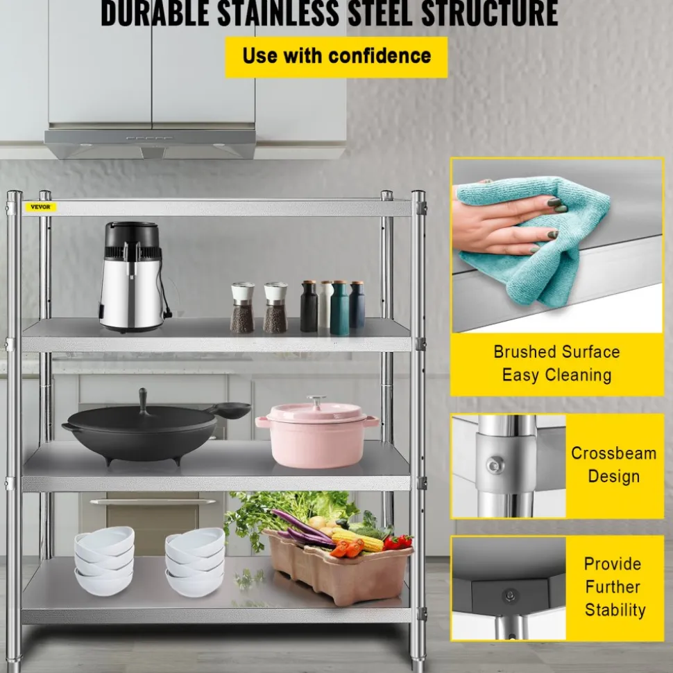 VEVOR Stainless Steel Shelving 46.8x18.5 Inch 4 Tier Adjustable Shelf Storage Unit Stainless Steel Heavy Duty Shelving for Kitchen Commercial Office Garage Storage 330lb Per Shelf