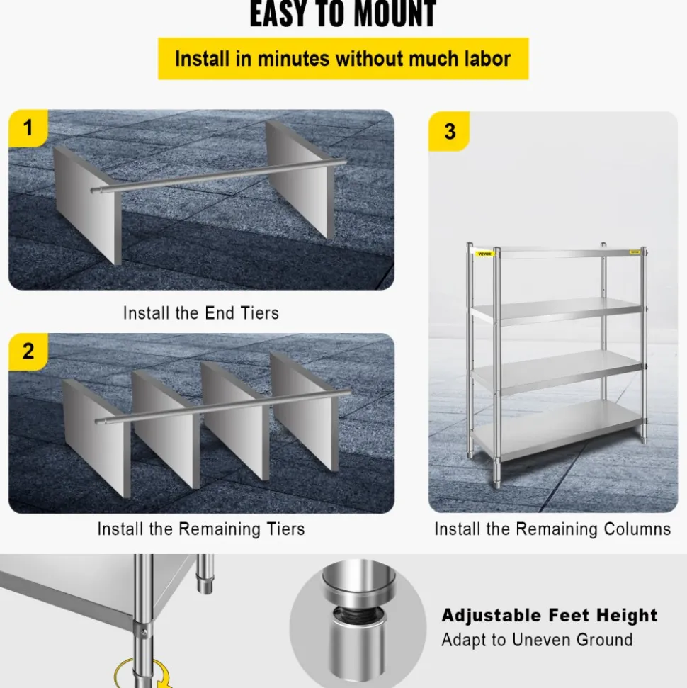 VEVOR Stainless Steel Shelving 46.8x18.5 Inch 4 Tier Adjustable Shelf Storage Unit Stainless Steel Heavy Duty Shelving for Kitchen Commercial Office Garage Storage 330lb Per Shelf