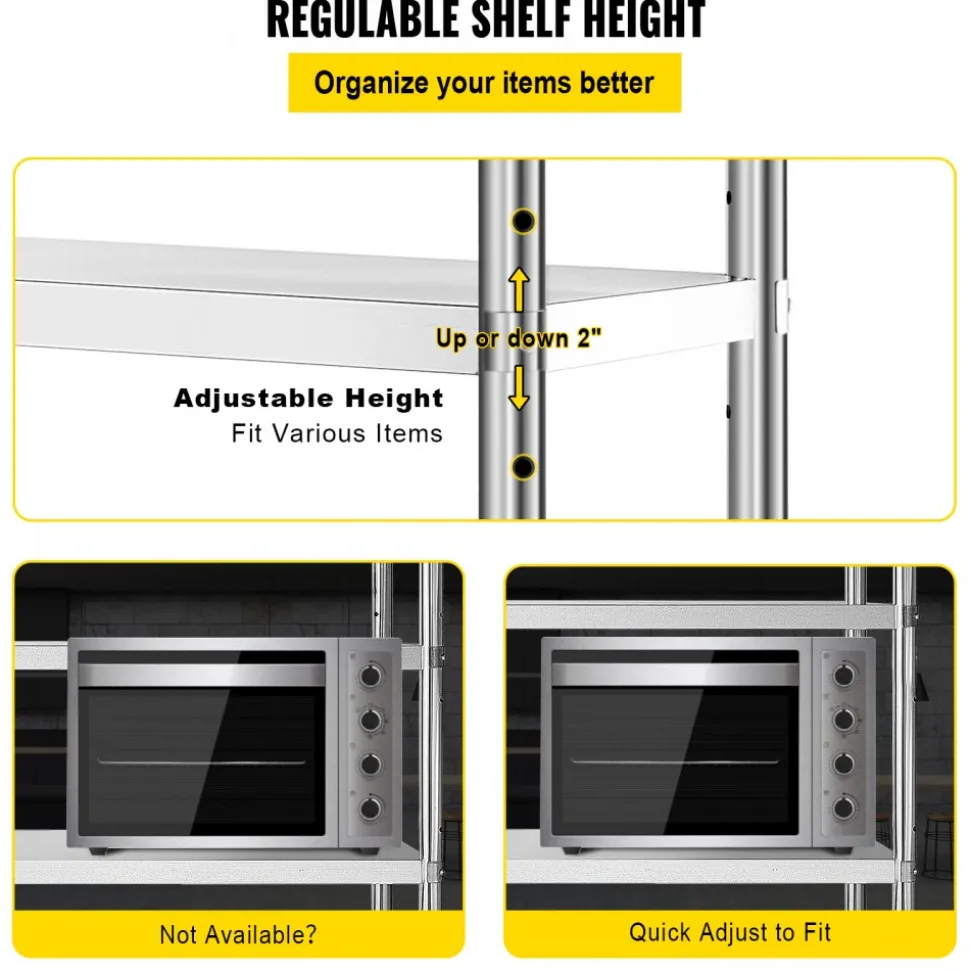 VEVOR Stainless Steel Shelving 46.8x18.5 Inch 4 Tier Adjustable Shelf Storage Unit Stainless Steel Heavy Duty Shelving for Kitchen Commercial Office Garage Storage 330lb Per Shelf